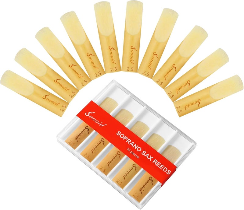 Sovvid 10 Pack Bb Soprano Saxophone Reeds with Plastic Box, Strength 2.5 Soprano Sax Reeds, Laser Engraved Marking & Thinner Reed Tip for Easy of Play, Traditional Reeds for Soprano Sax - Image 1